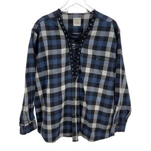 LF Furst of a Kind Upcycled Blue Black Plaid Flannel Shirt Lace Up Neck Size XXL
